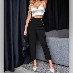 Black High Waist Gold Button Cropped Pants